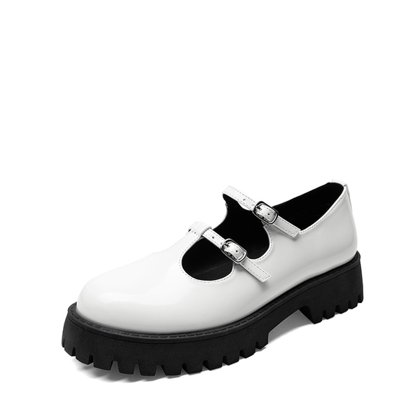 Double-strap Mary Jane Chunky Pumps - WHITE-PU -  0